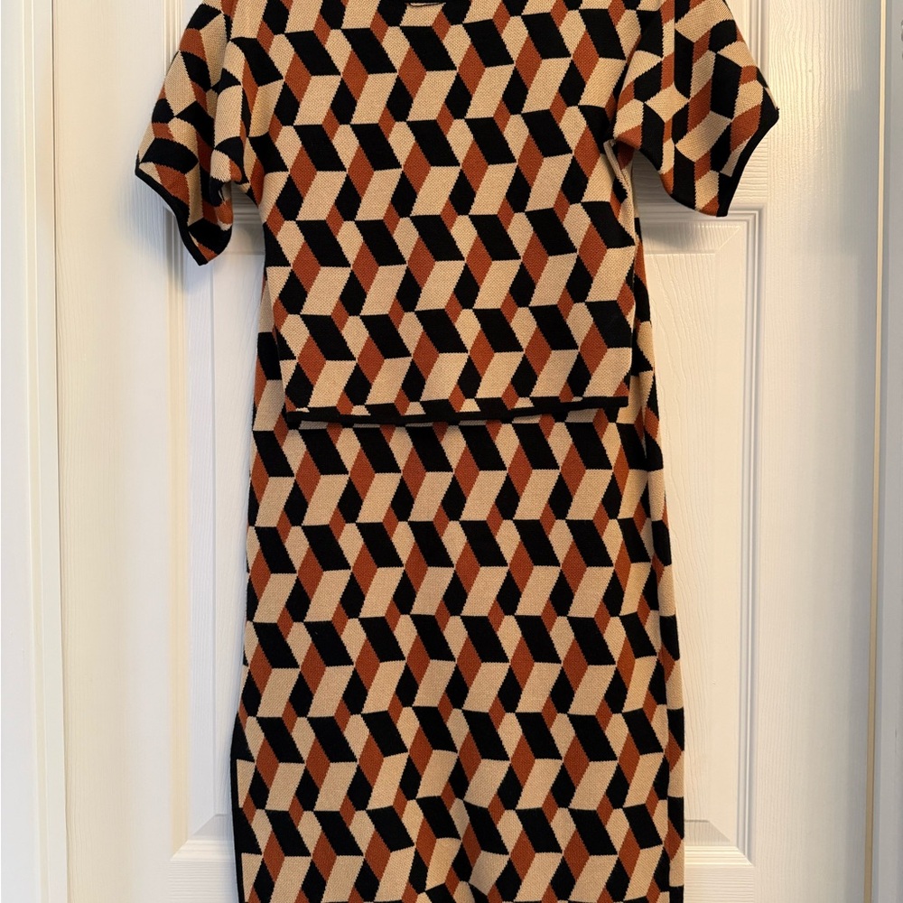 Geometric Knit Two-Piece Dress in Black, Tan & Rust
